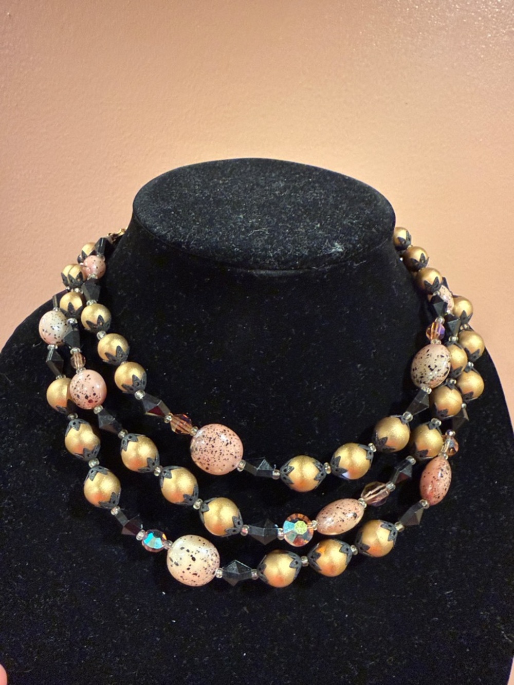 Vintage DeVille Triple-Strand Gold and Pink Speckled Bead Necklace